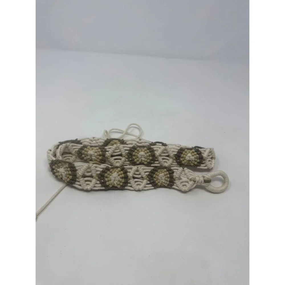 Vintage Boho Macrame Woven Floral Belt Cream Tan Olive Green Tassel Fringe 51in